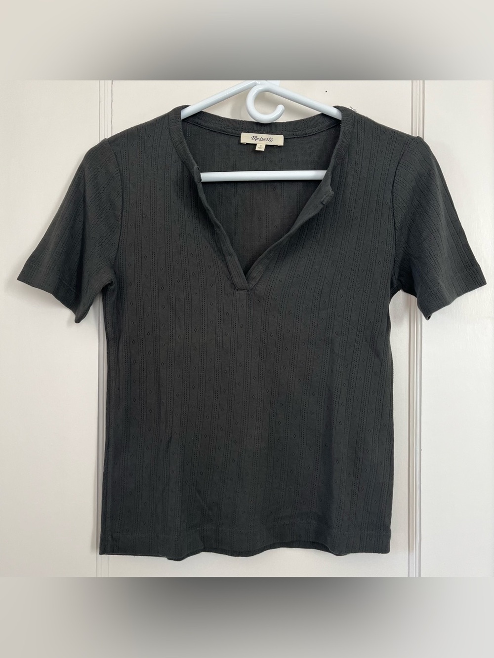 Madewell Pointelle Notch Neck Short Sleeve Tee Gray Cotton Small